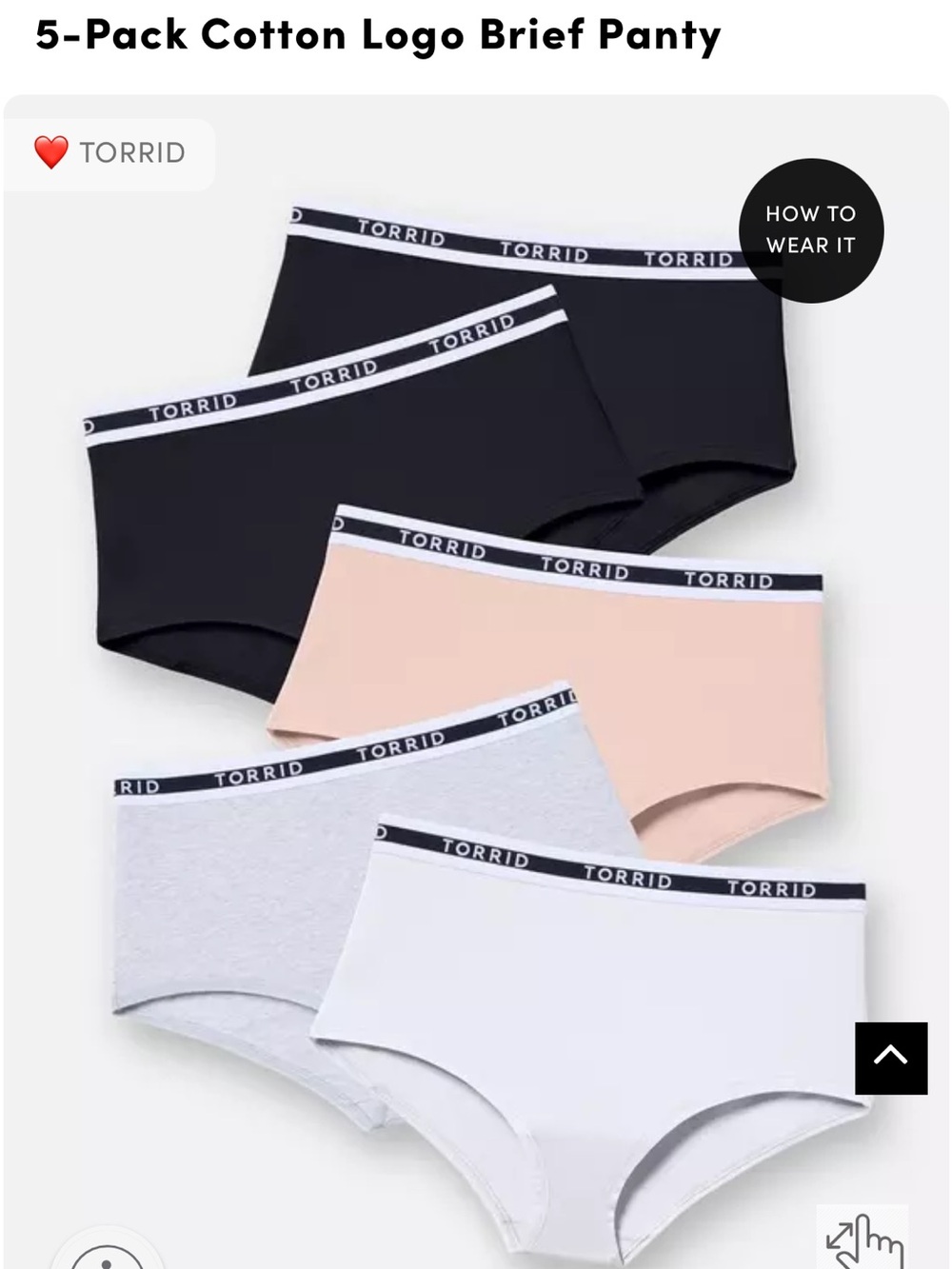 torrid 5-Pack Cotton Logo Briefs in Black, Blush, Gray, White